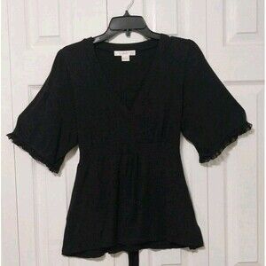 August Silk Y2K Baby Doll Top Empire Waist Tie Back Short Sleeve Lace Trim SZ L